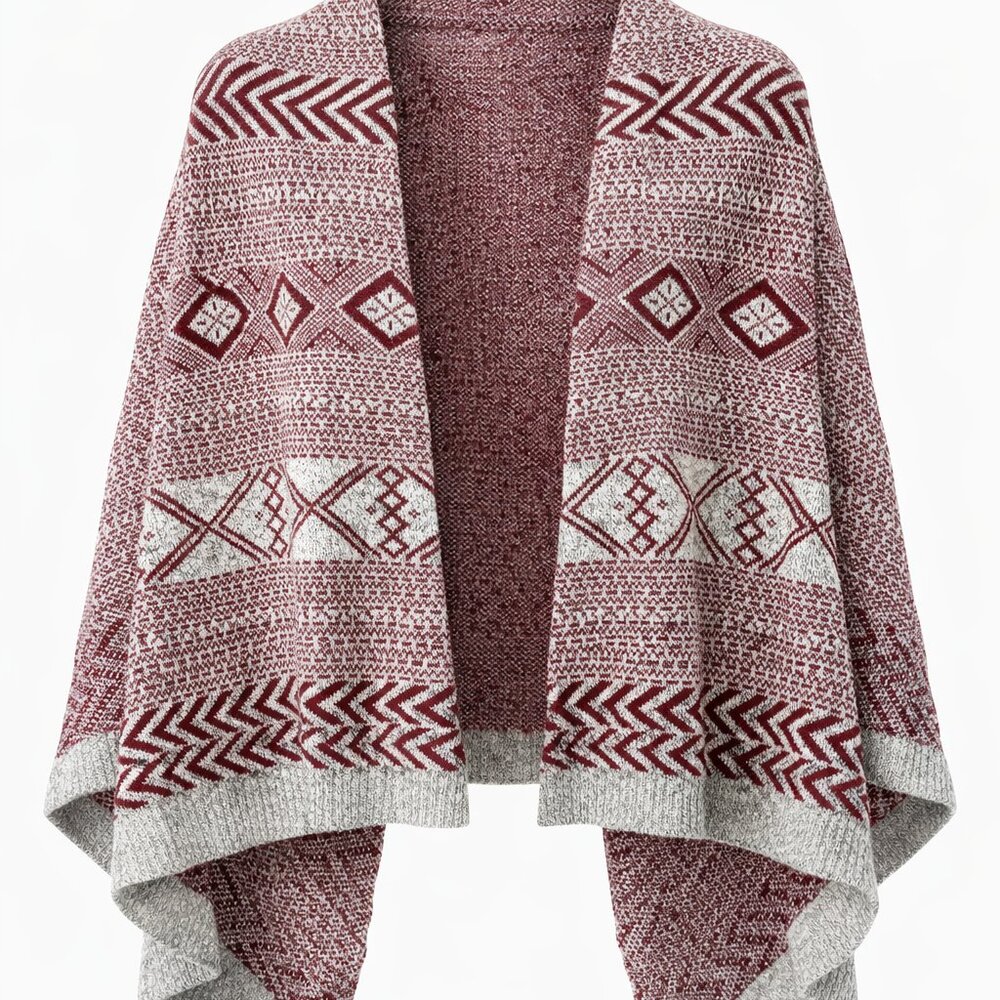 Red Fair Isle Poncho Sweater Wrap - One Size